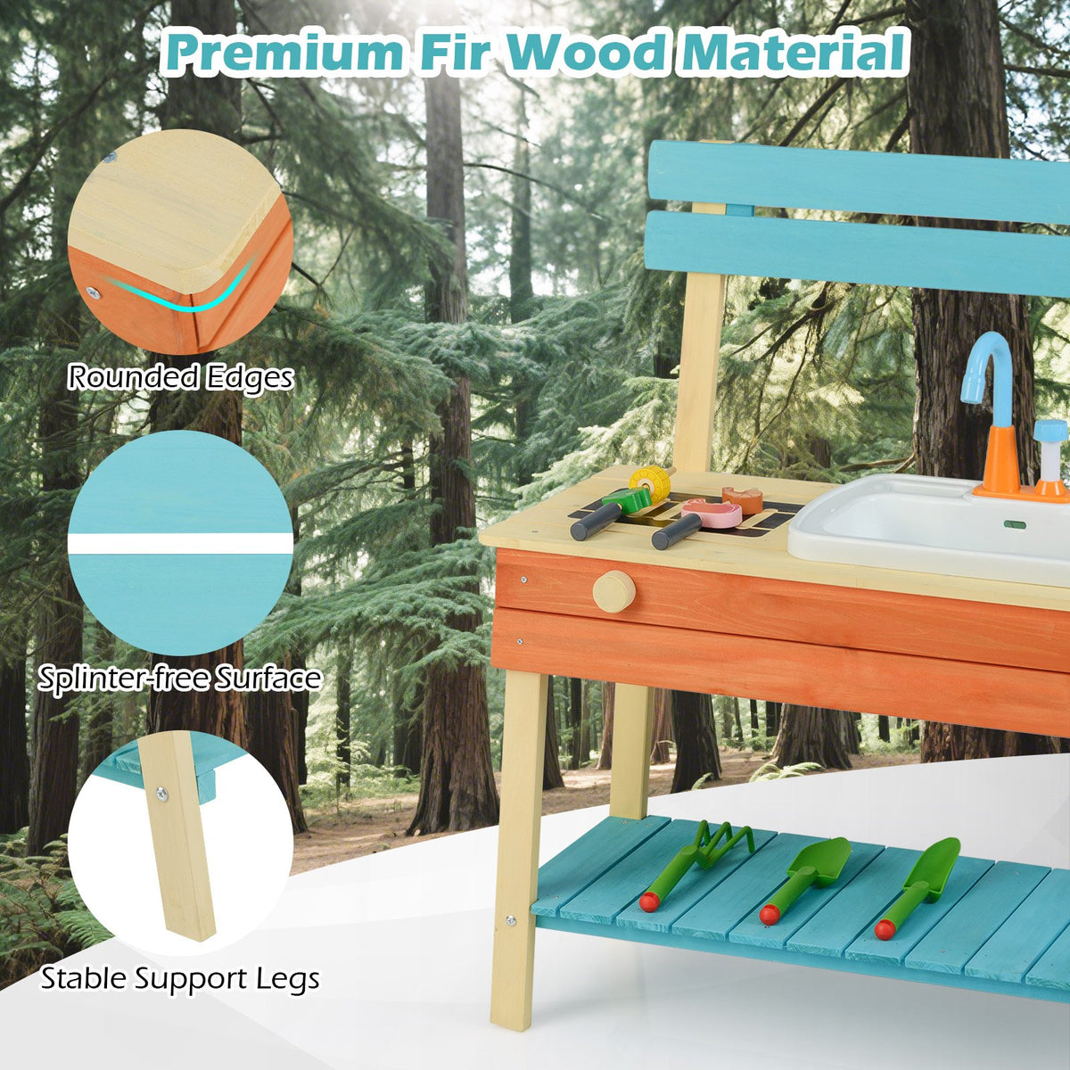 Kids Play Kitchen Set, Wooden Kitchen Playset Chef Pretend Mud Kitchen-Blue view 9