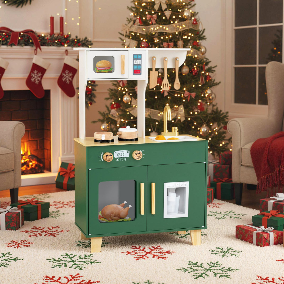 Kids Play Kitchen with Microwave and Rotation Knobs for Girls Boys Aged 3-6-Green view 2
