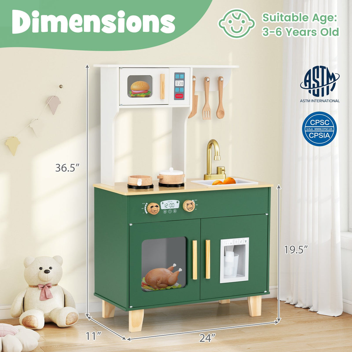 Kids Play Kitchen with Microwave and Rotation Knobs for Girls Boys Aged 3-6-Green view 3
