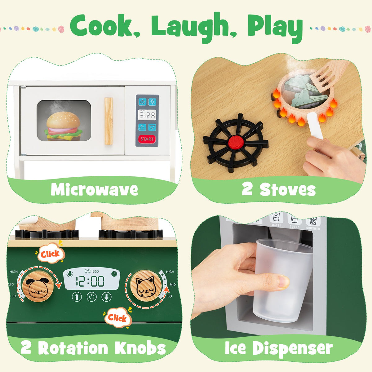 Kids Play Kitchen with Microwave and Rotation Knobs for Girls Boys Aged 3-6-Green view 7