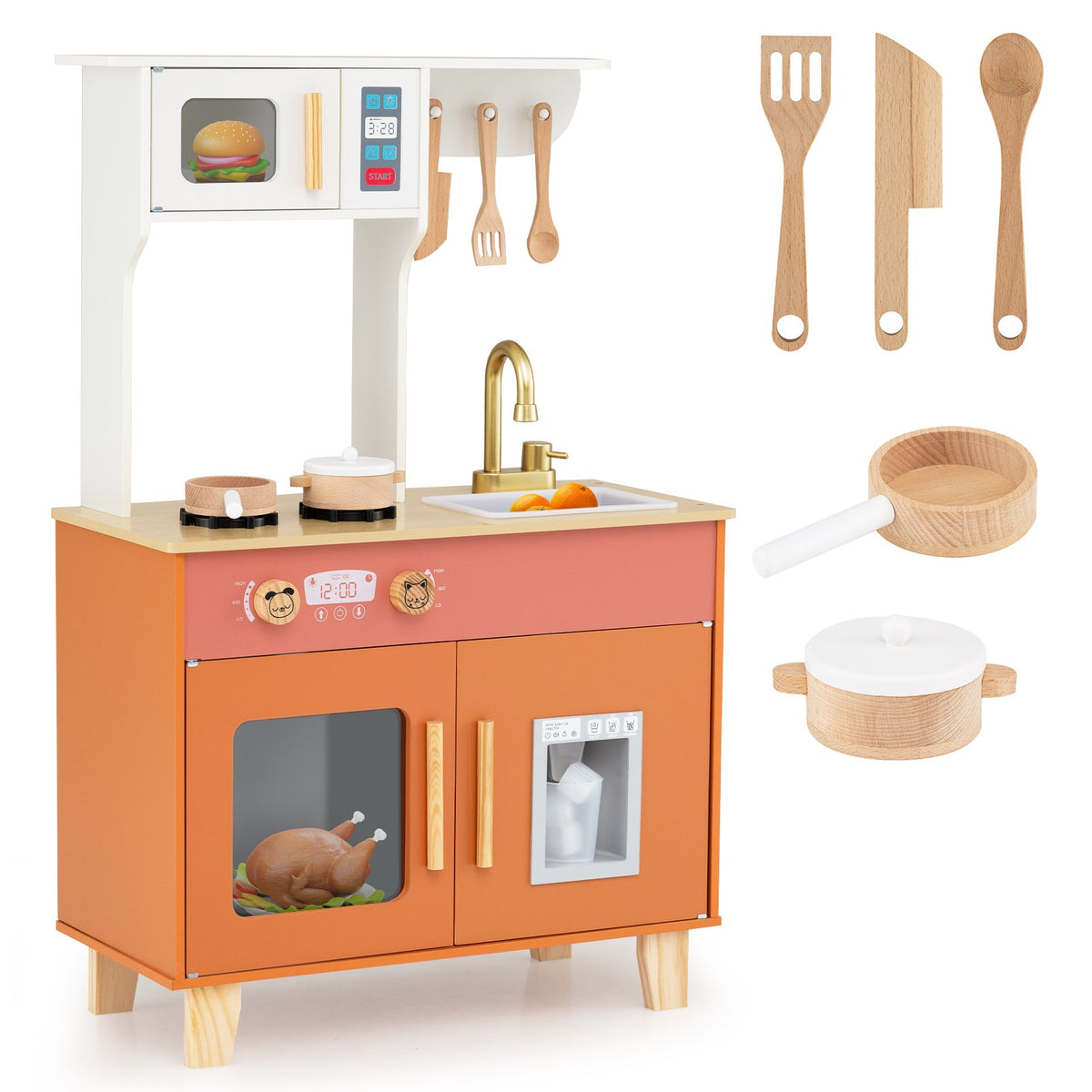 Kids Play Kitchen with Microwave and Rotation Knobs for Girls Boys Aged 3-6-Orange view 6