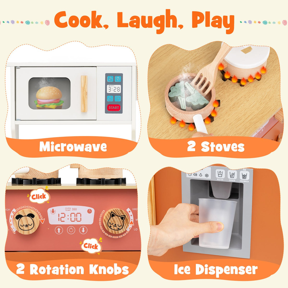 Kids Play Kitchen with Microwave and Rotation Knobs for Girls Boys Aged 3-6-Orange view 8