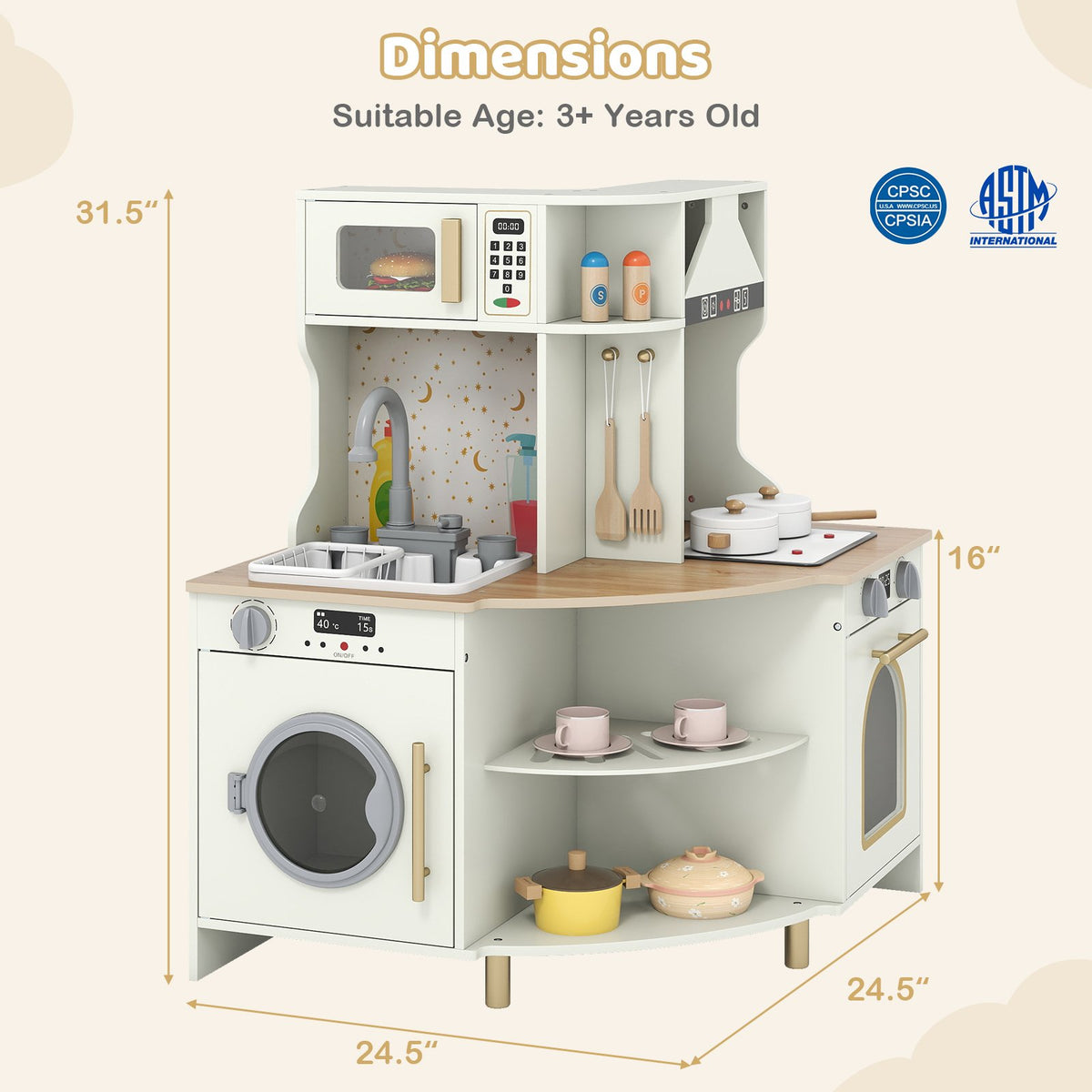 Kids Play Kitchen Wooden Corner Kitchen Playset with Working Faucet and Sink-Beige view 3