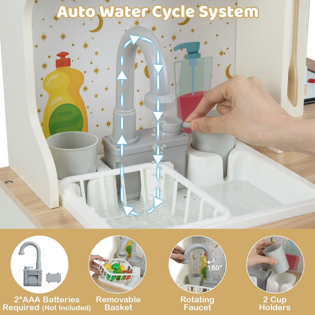 Kids Play Kitchen Wooden Corner Kitchen Playset with Working Faucet and Sink-Beige view 4