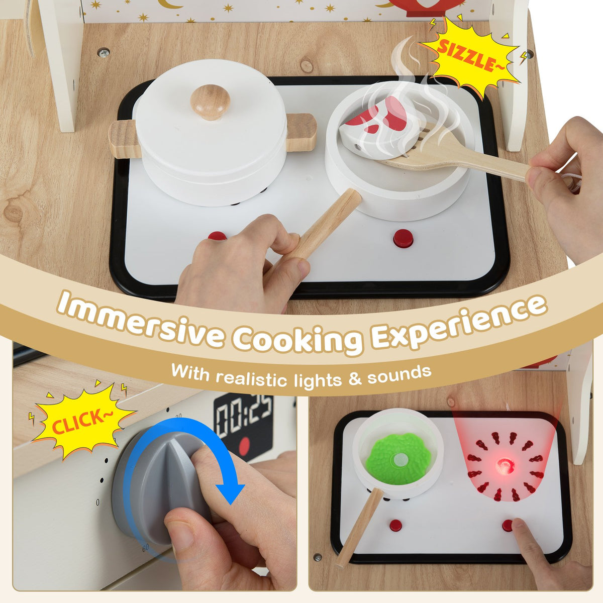 Kids Play Kitchen Wooden Corner Kitchen Playset with Working Faucet and Sink-Beige view 5