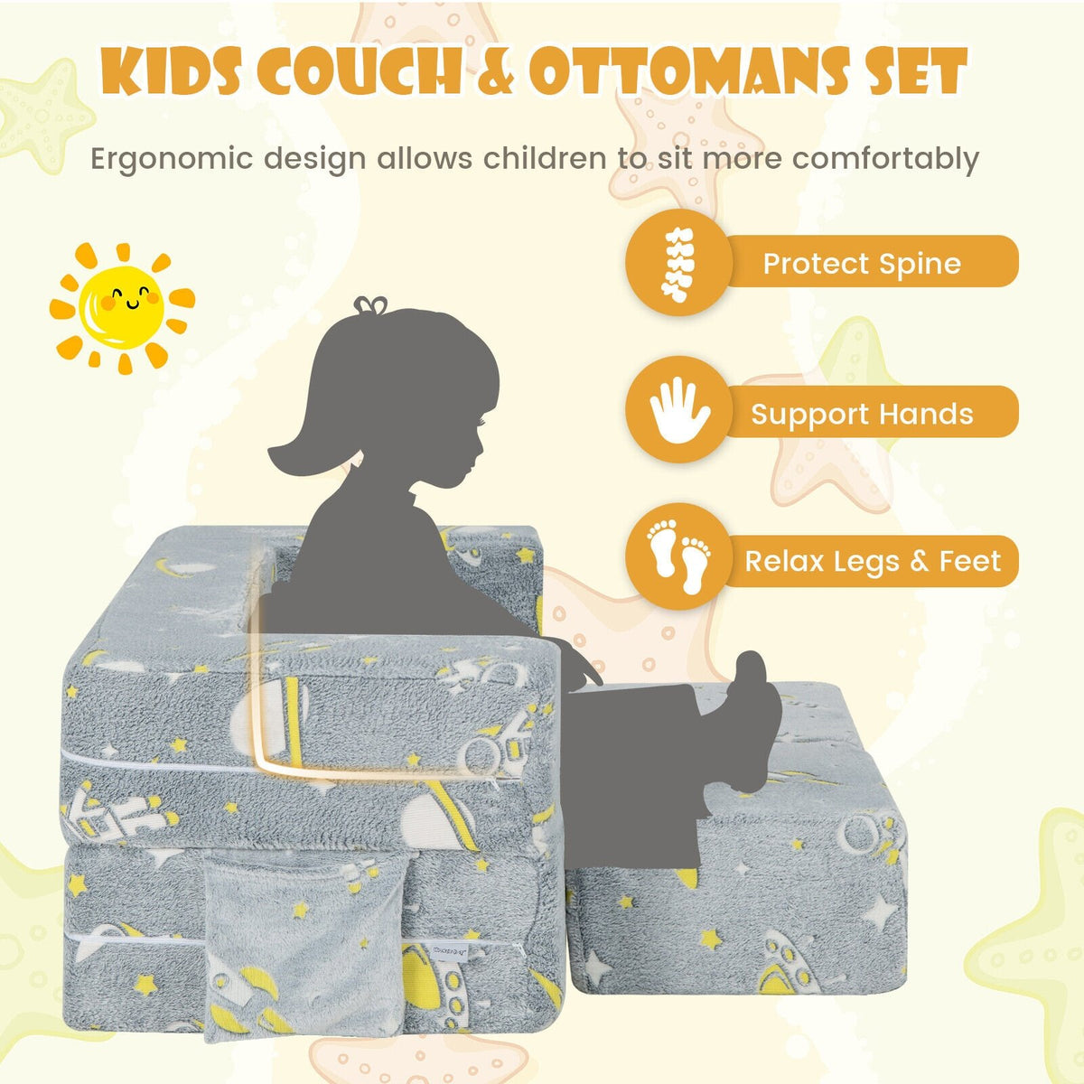 Kids Play Sofa with Ottoman and Removable & Machine Washable Cover-Gray view 9