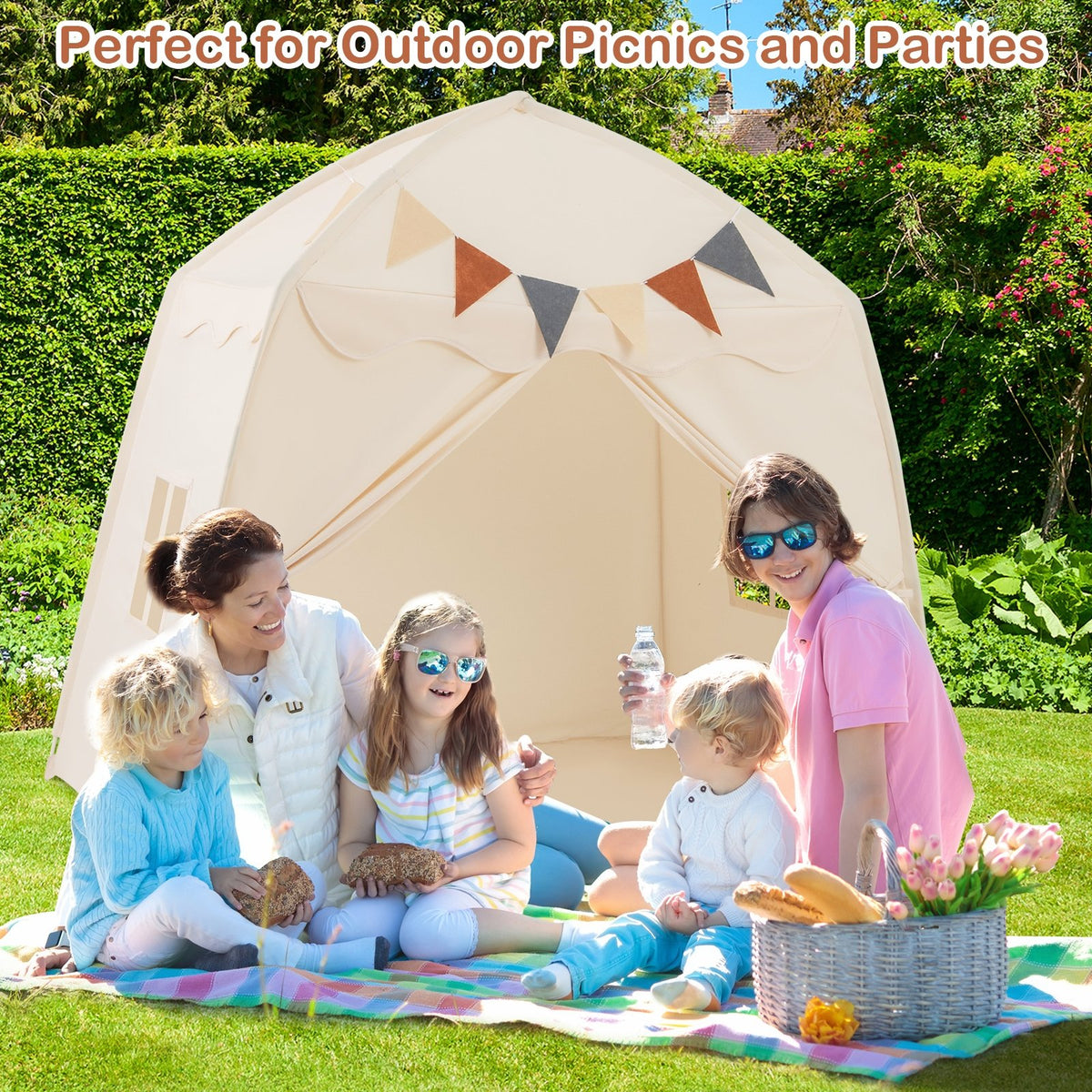 Kids Play Tent Bed Tent with String Lights Extra Large Playhouse Tent-Beige view 3