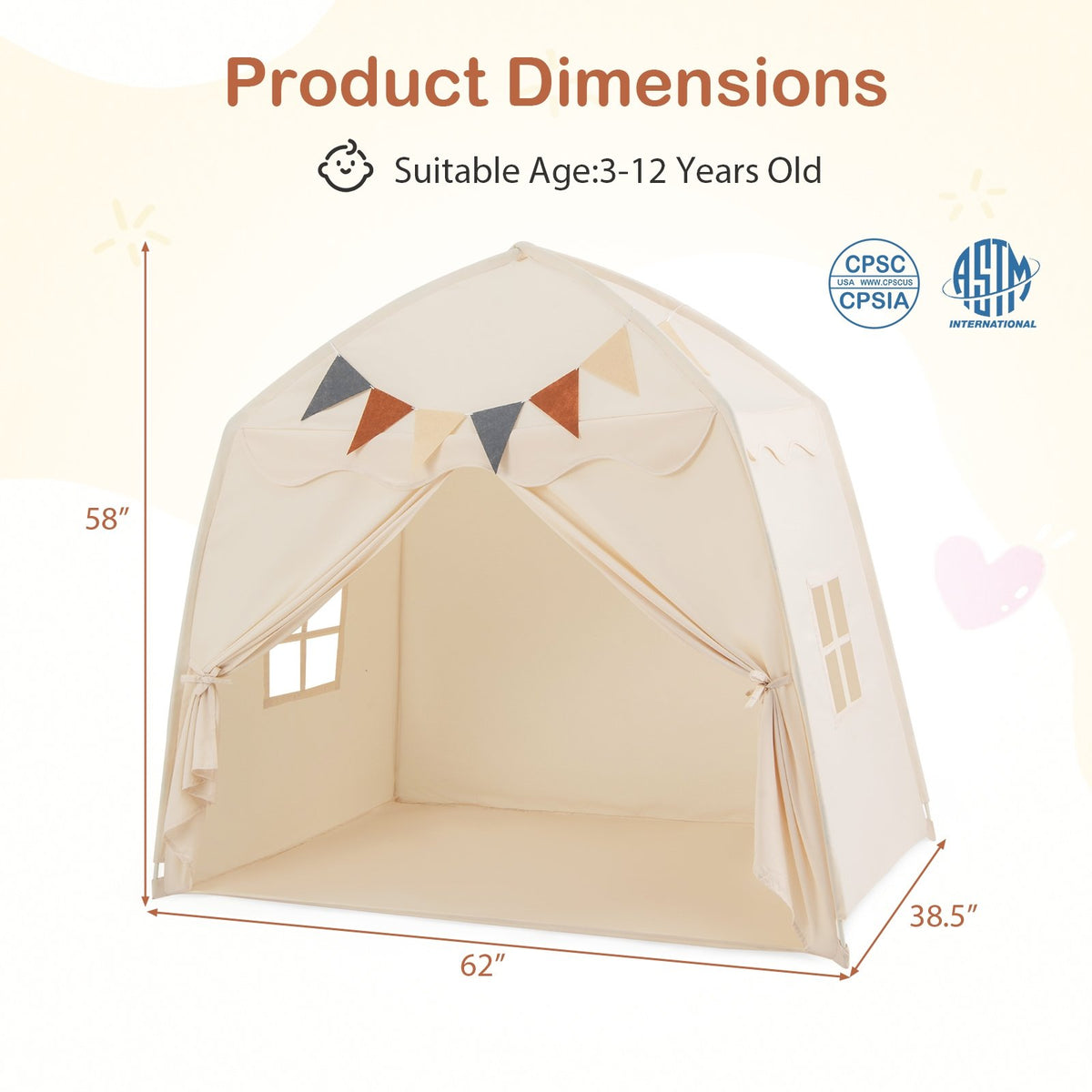 Kids Play Tent Bed Tent with String Lights Extra Large Playhouse Tent-Beige view 4