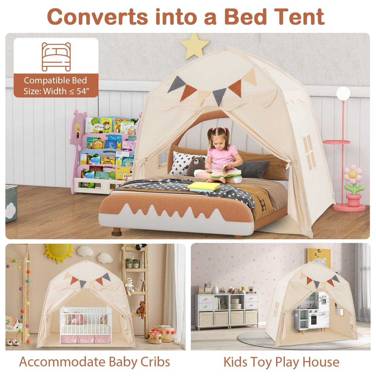 Kids Play Tent Bed Tent with String Lights Extra Large Playhouse Tent-Beige view 7
