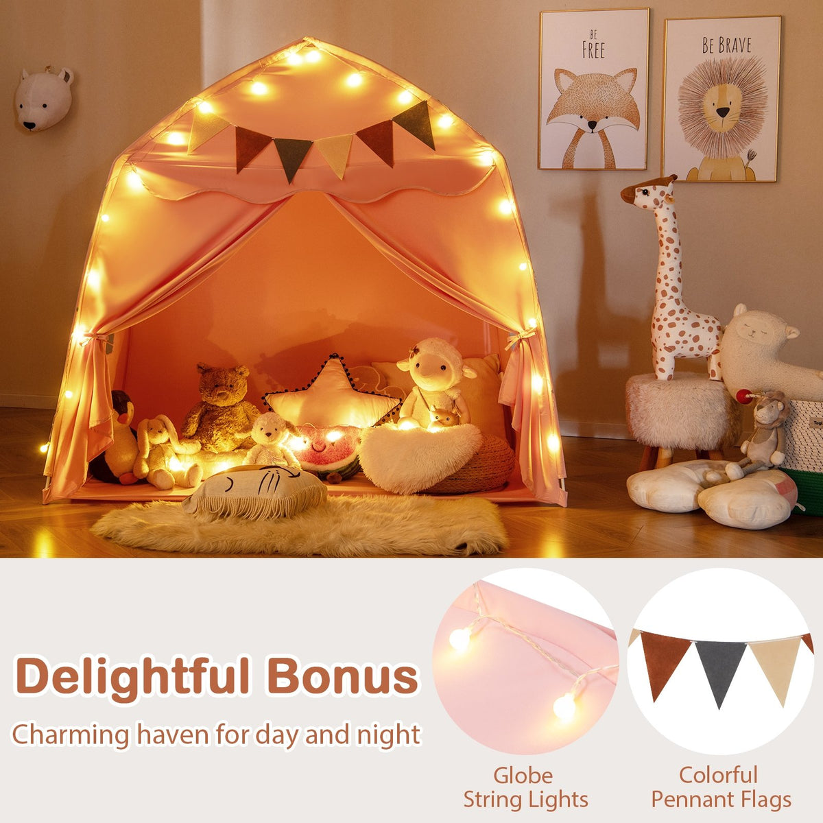 Kids Play Tent Bed Tent with String Lights Extra Large Playhouse Tent-Pink view 5