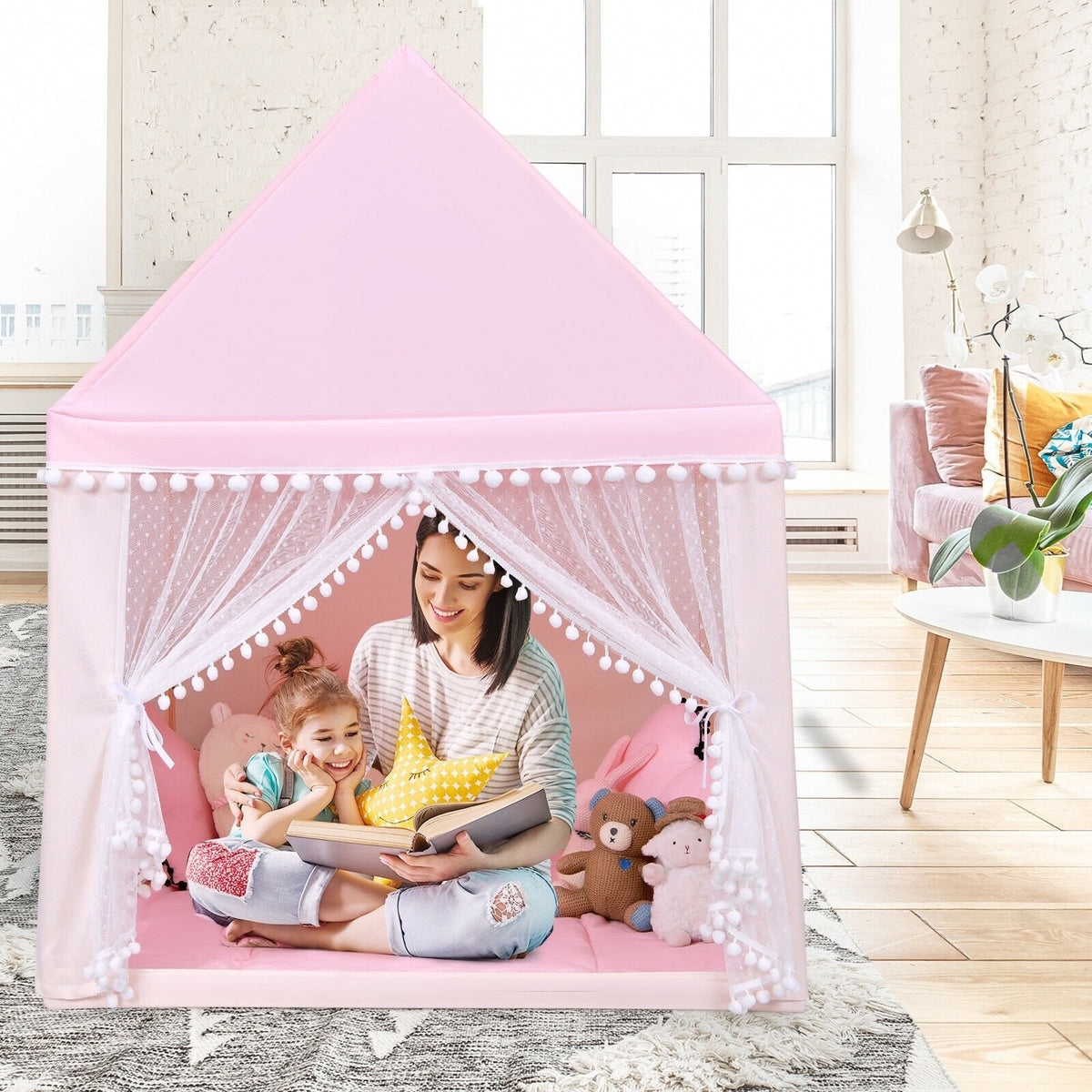 Kids Play Tent Large Playhouse Children Play Castle Fairy Tent Gift with Mat-Pink view 6