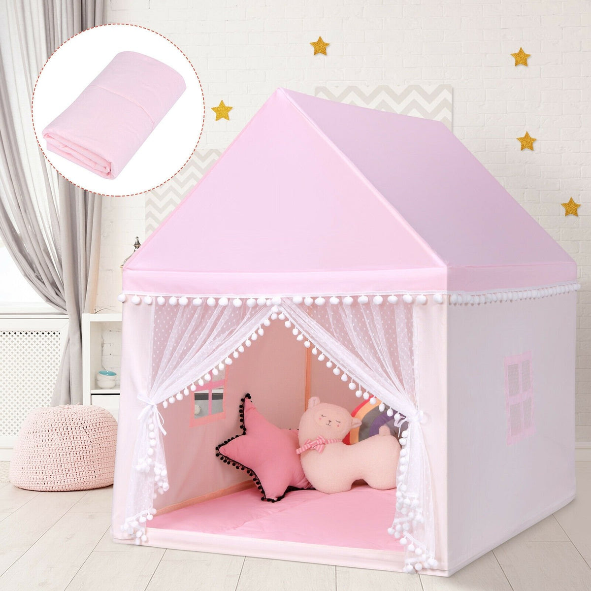 Kids Play Tent Large Playhouse Children Play Castle Fairy Tent Gift with Mat-Pink view 7