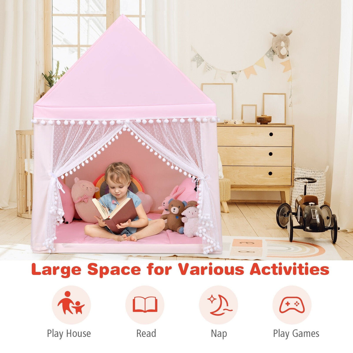 Kids Play Tent Large Playhouse Children Play Castle Fairy Tent Gift with Mat-Pink view 8