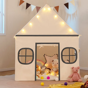 Kids Play Tent Large Playhouse with Door Curtain and Windows Star Lights-Beige view 2