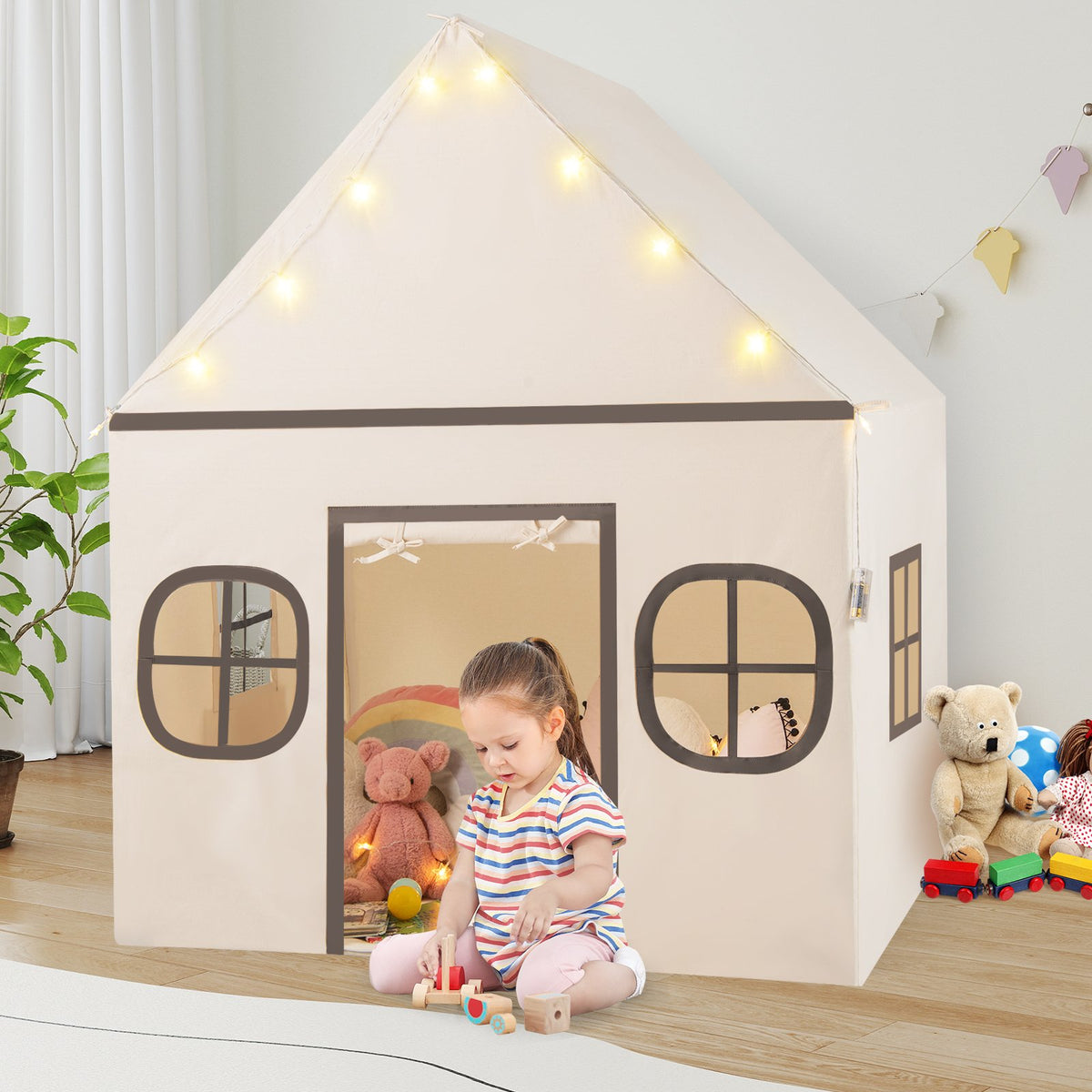 Kids Play Tent Large Playhouse with Door Curtain and Windows Star Lights-Beige view 3