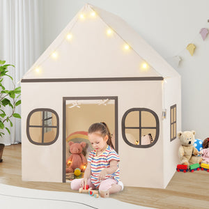Kids Play Tent Large Playhouse with Door Curtain and Windows Star Lights-Beige view 3