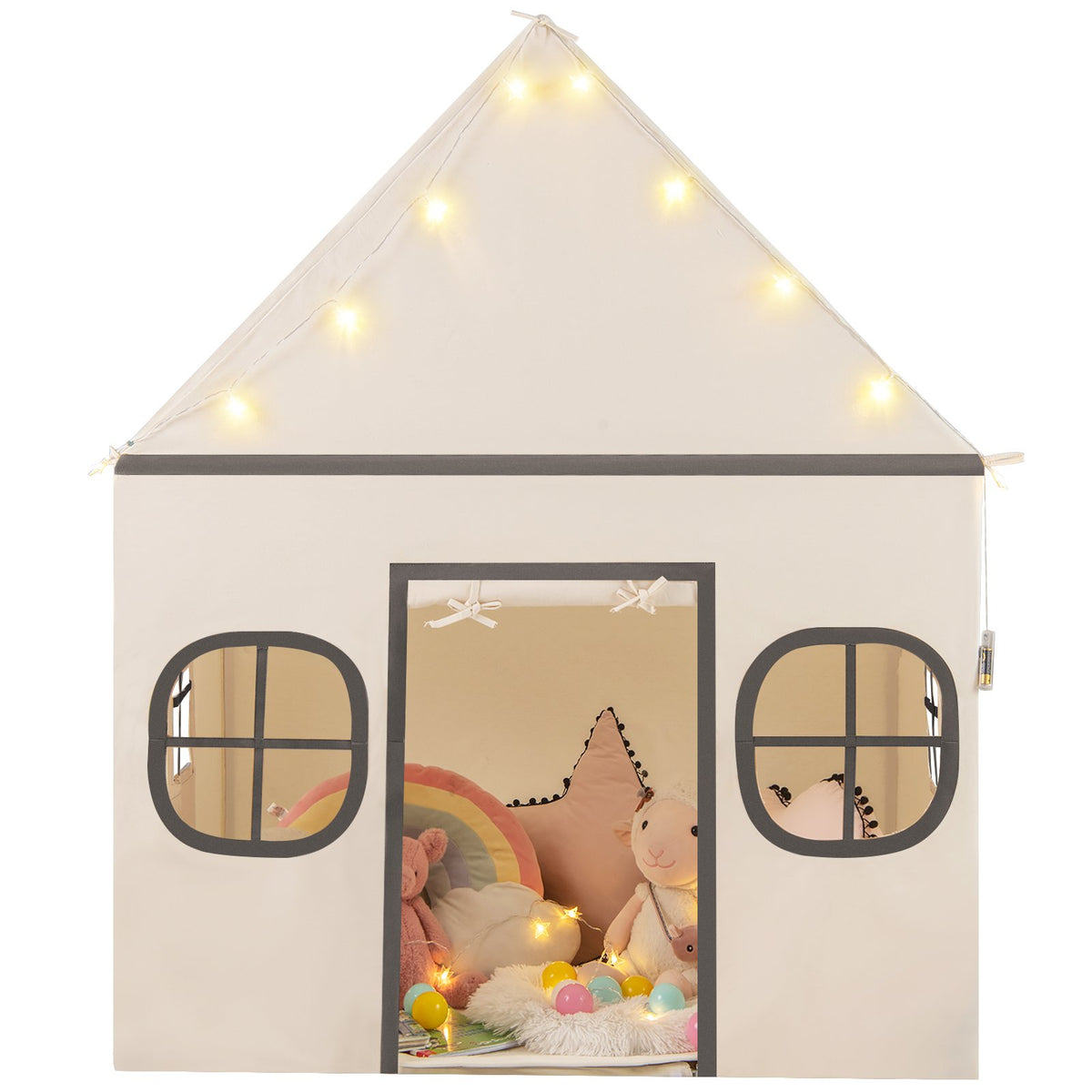 Kids Play Tent Large Playhouse with Door Curtain and Windows Star Lights-Beige view 4