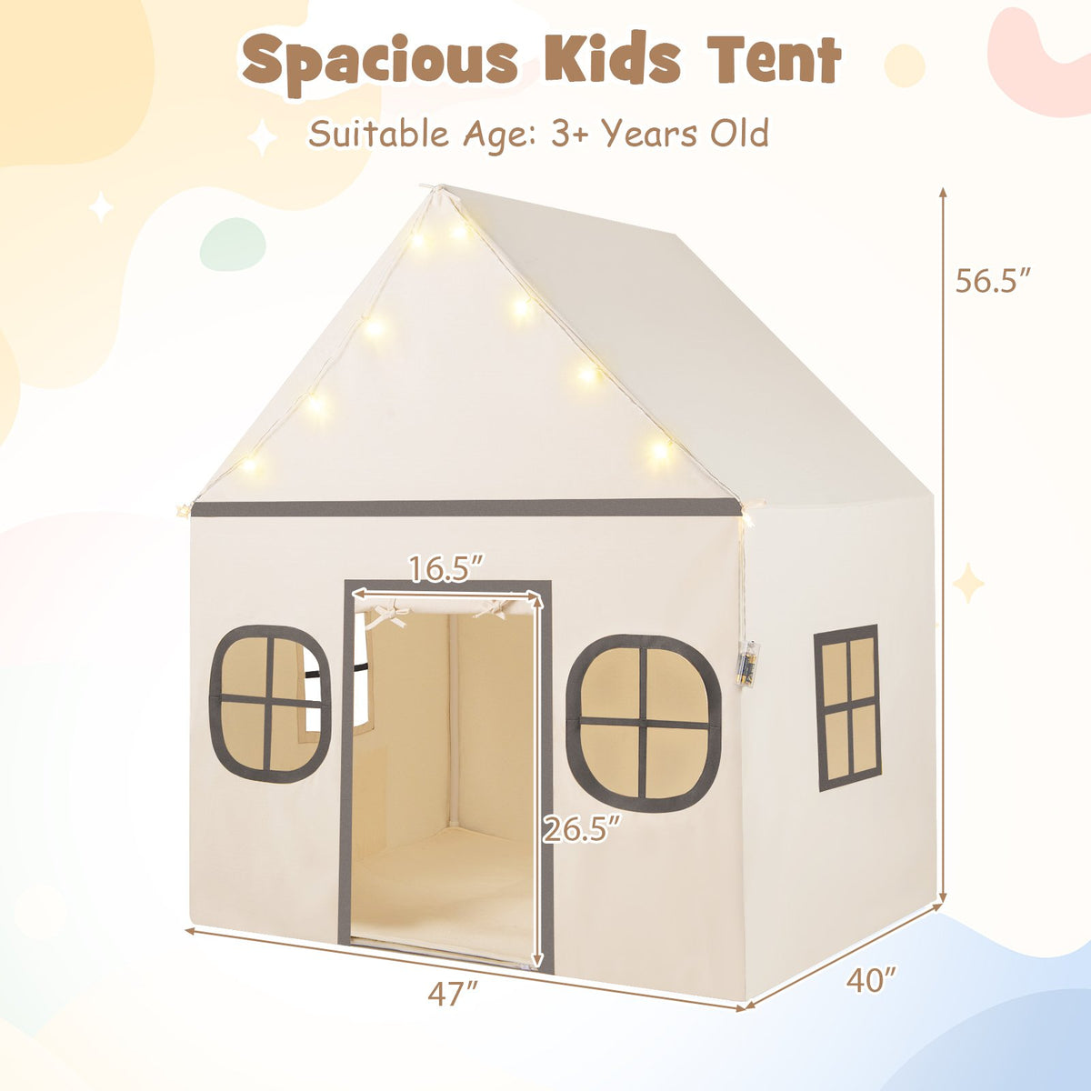 Kids Play Tent Large Playhouse with Door Curtain and Windows Star Lights-Beige view 5