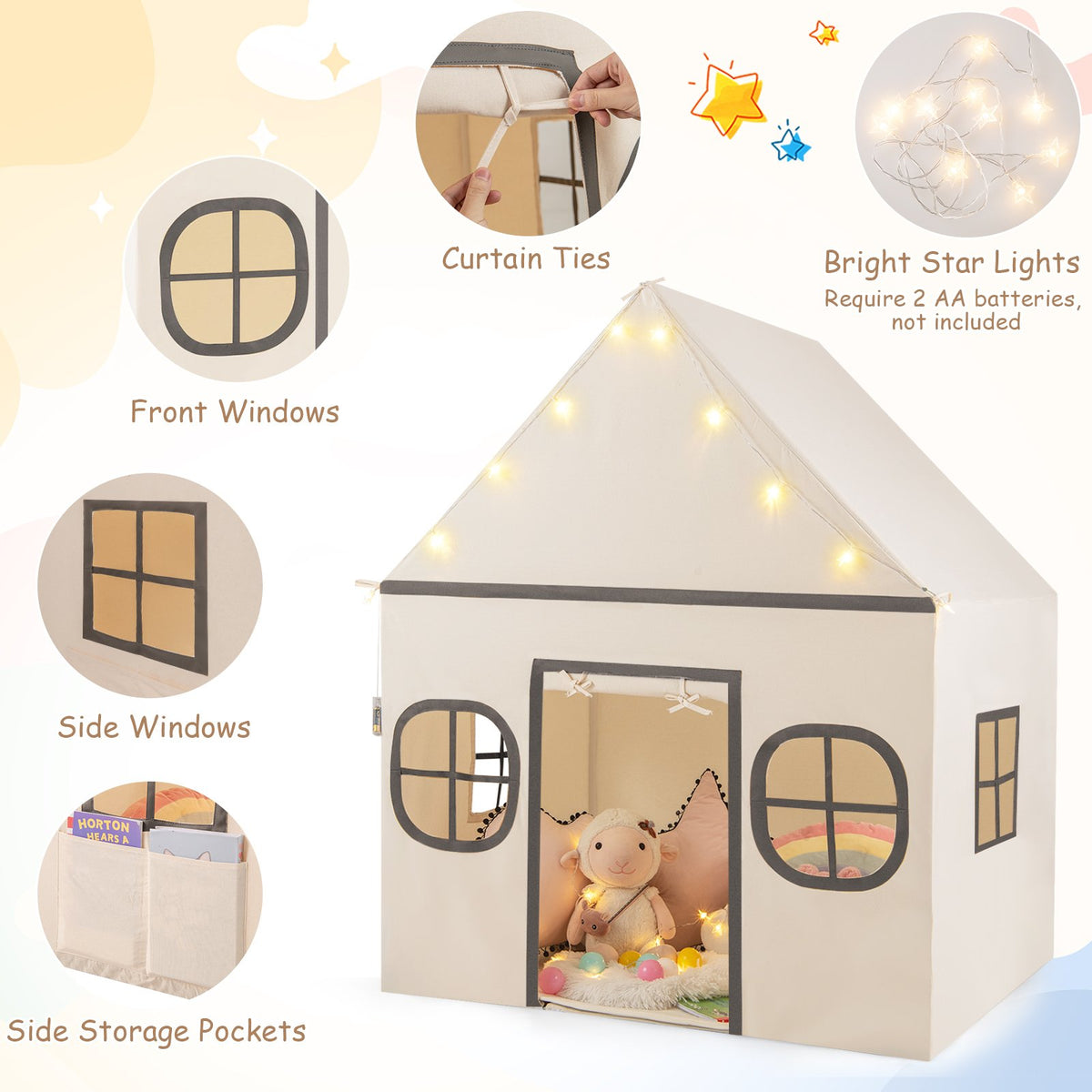 Kids Play Tent Large Playhouse with Door Curtain and Windows Star Lights-Beige view 6