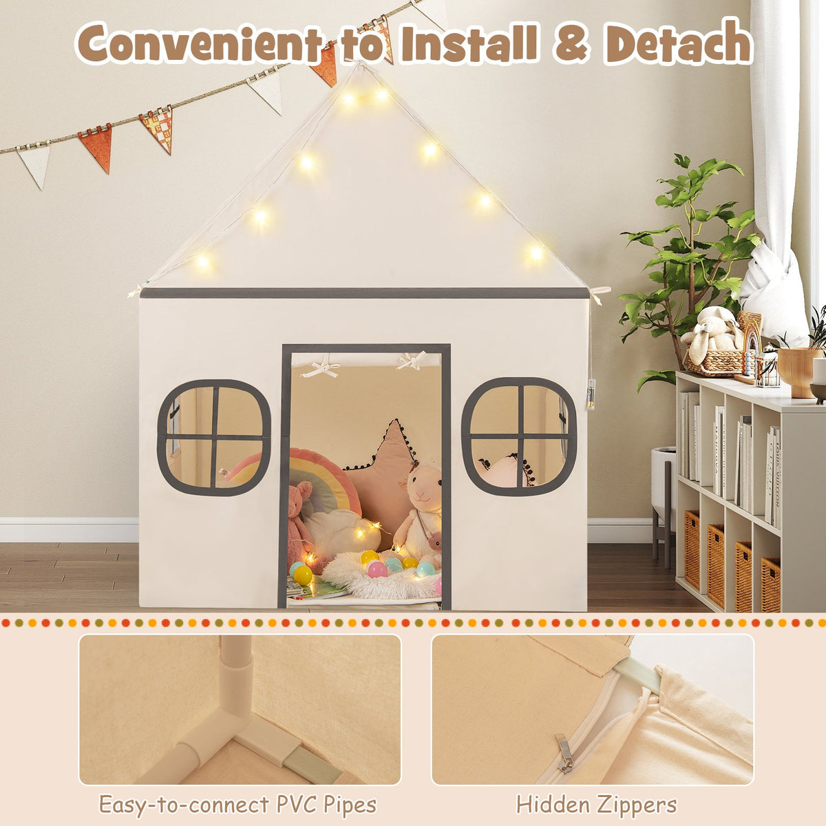 Kids Play Tent Large Playhouse with Door Curtain and Windows Star Lights-Beige view 7