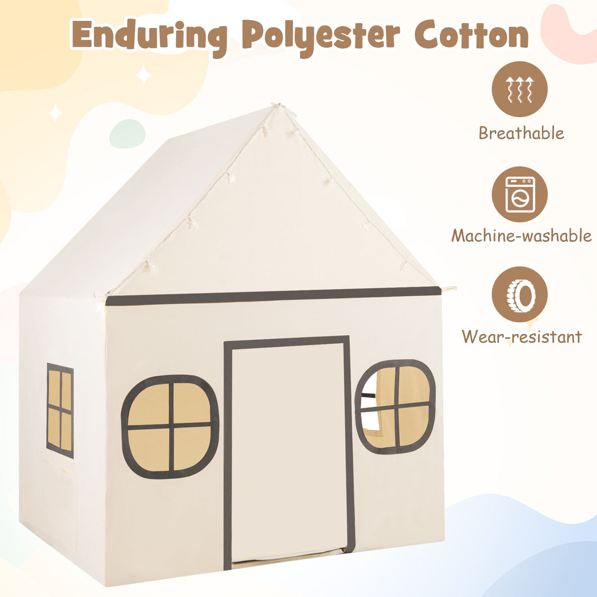 Kids Play Tent Large Playhouse with Door Curtain and Windows Star Lights-Beige view 8
