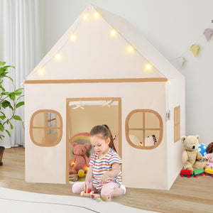 Kids Play Tent Large Playhouse with Door Curtain and Windows Star Lights-Coffee view 2