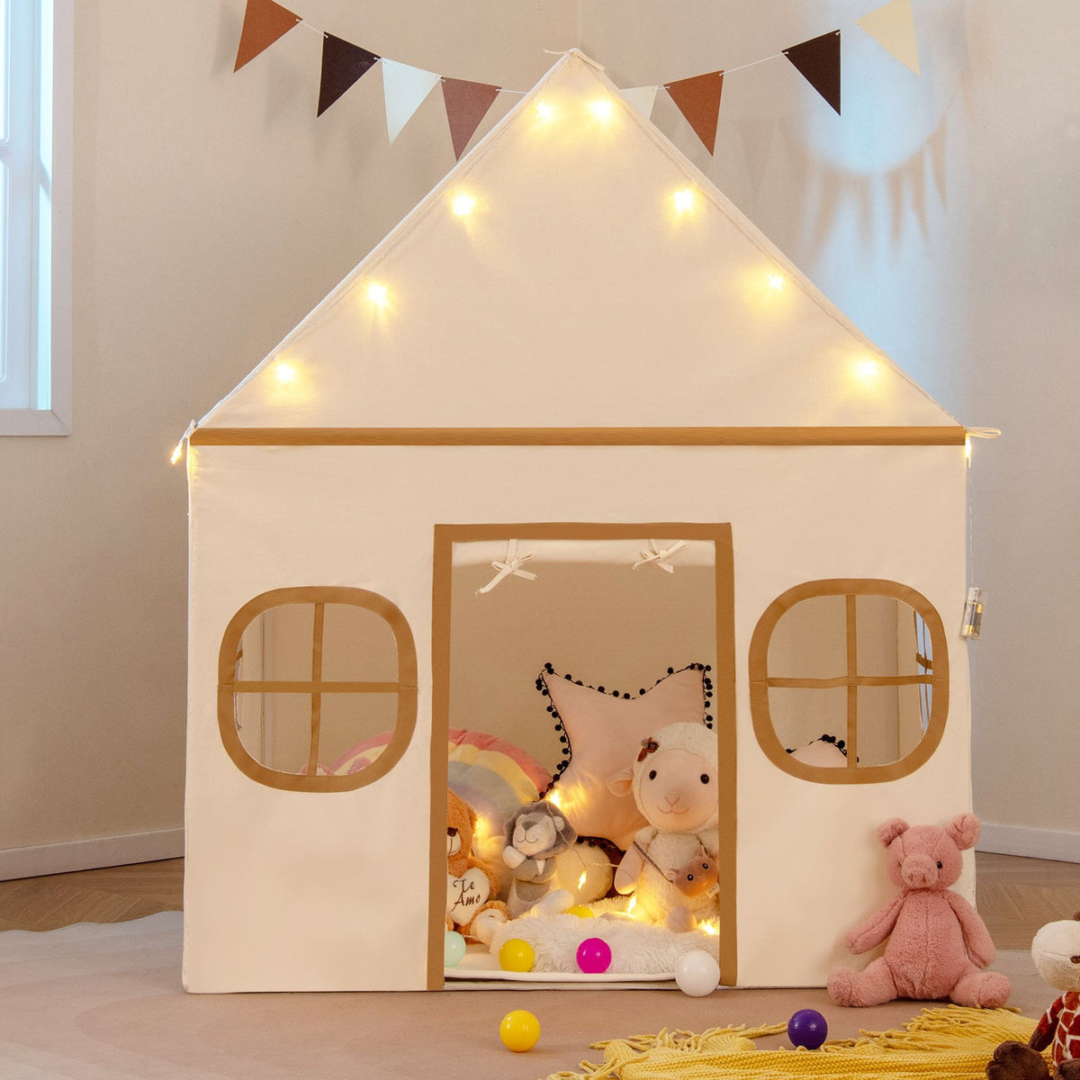 Kids Play Tent Large Playhouse with Door Curtain and Windows Star Lights-Coffee view 3