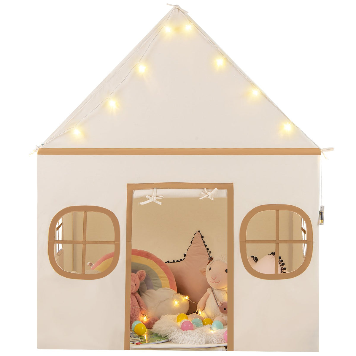 Kids Play Tent Large Playhouse with Door Curtain and Windows Star Lights-Coffee view 4
