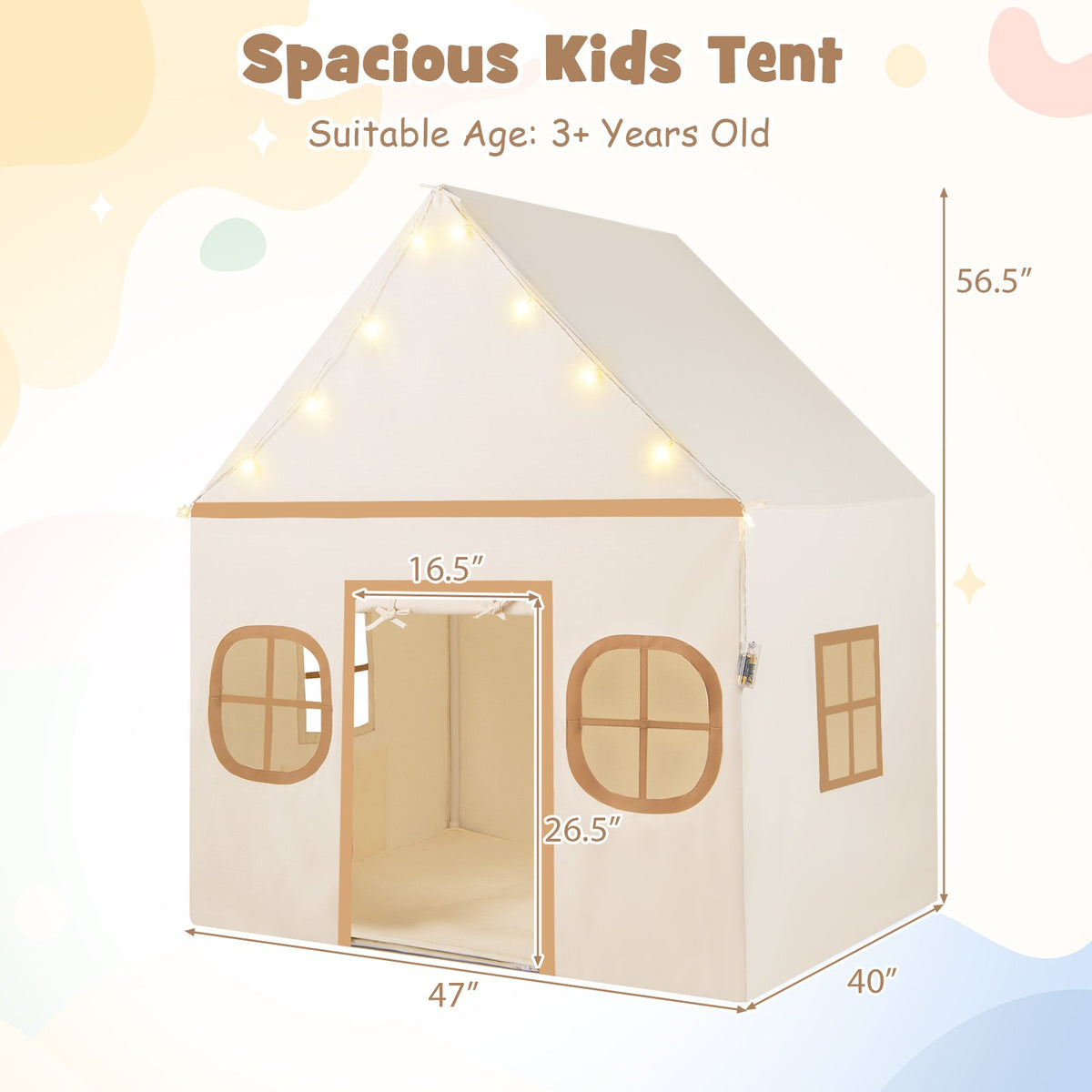 Kids Play Tent Large Playhouse with Door Curtain and Windows Star Lights-Coffee view 5