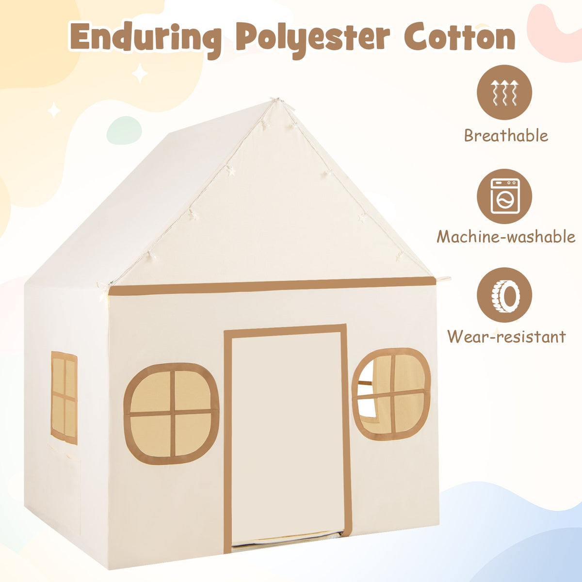Kids Play Tent Large Playhouse with Door Curtain and Windows Star Lights-Coffee view 6