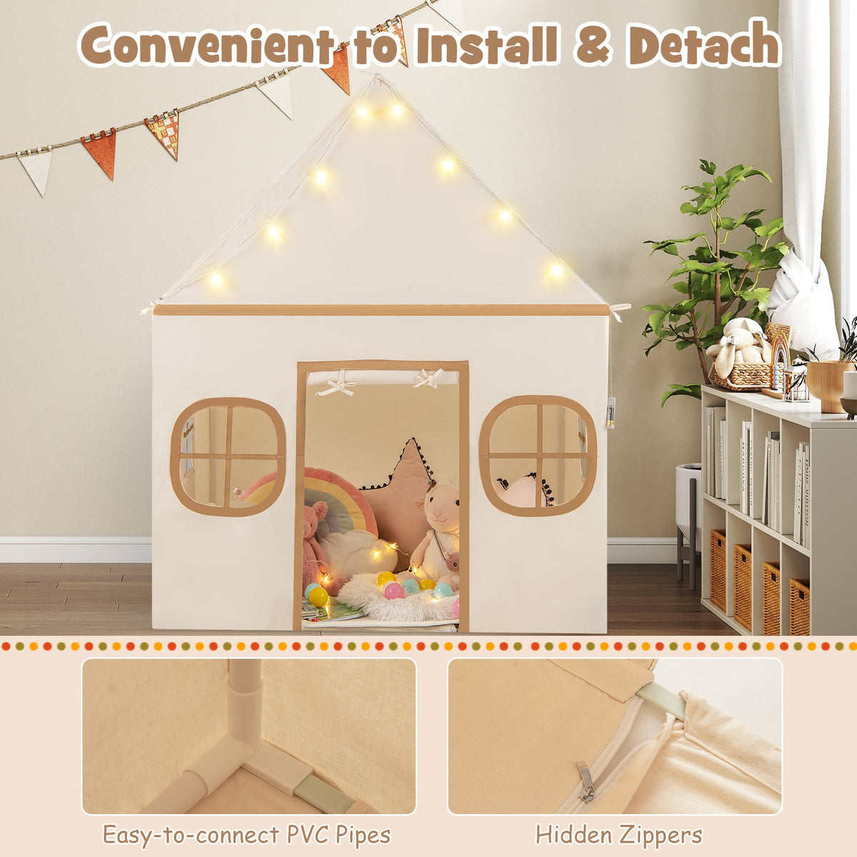 Kids Play Tent Large Playhouse with Door Curtain and Windows Star Lights-Coffee view 7