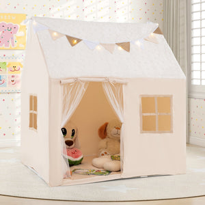 Kids Play Tent Large Playhouse with Glow in the Dark Stars and Mat-Beige view 2