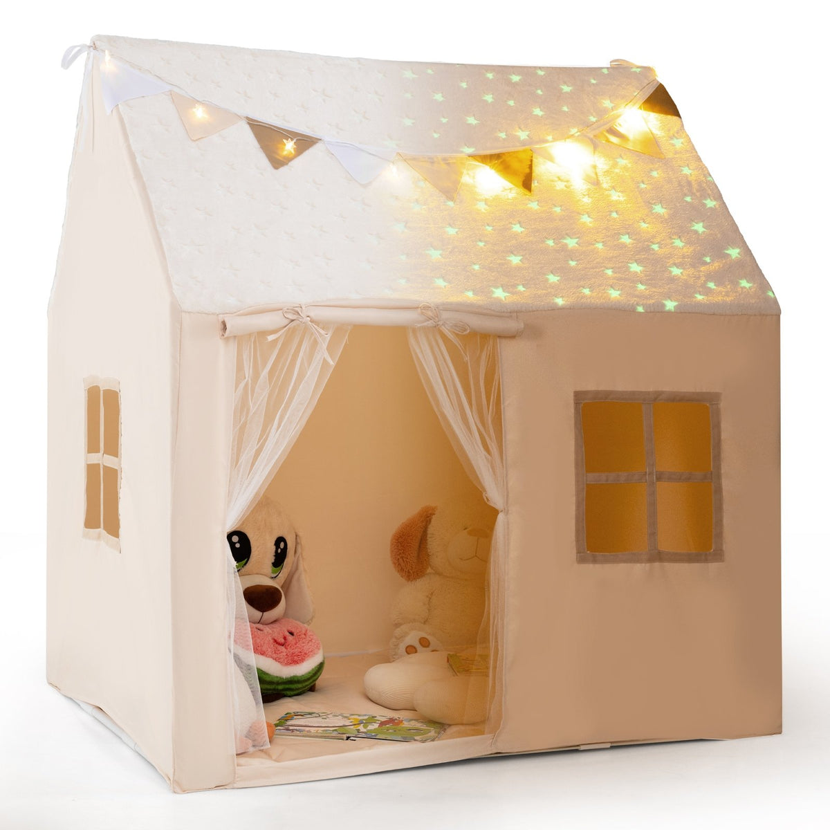 Kids Play Tent Large Playhouse with Glow in the Dark Stars and Mat-Beige view 4