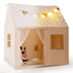 Kids Play Tent Large Playhouse with Glow in the Dark Stars and Mat-Beige view 4