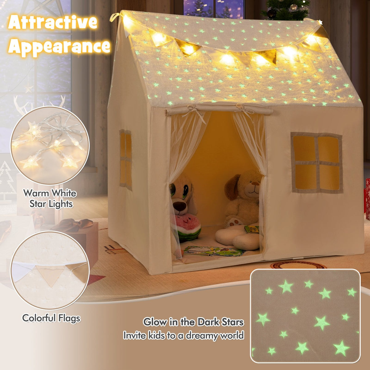Kids Play Tent Large Playhouse with Glow in the Dark Stars and Mat-Beige view 6
