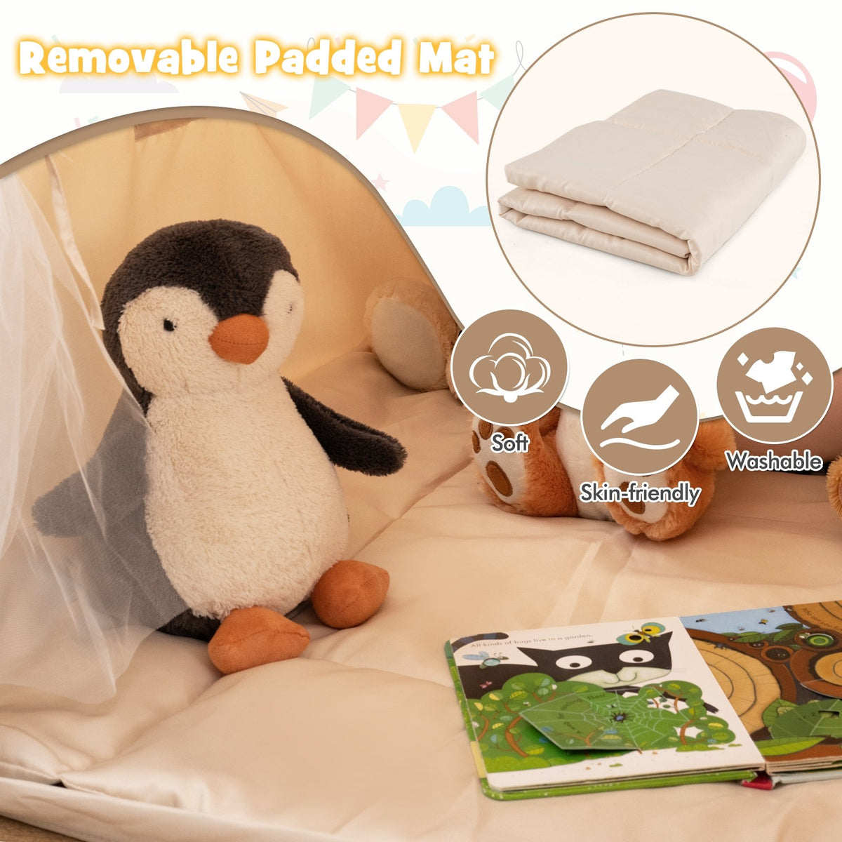 Kids Play Tent Large Playhouse with Glow in the Dark Stars and Mat-Beige view 7