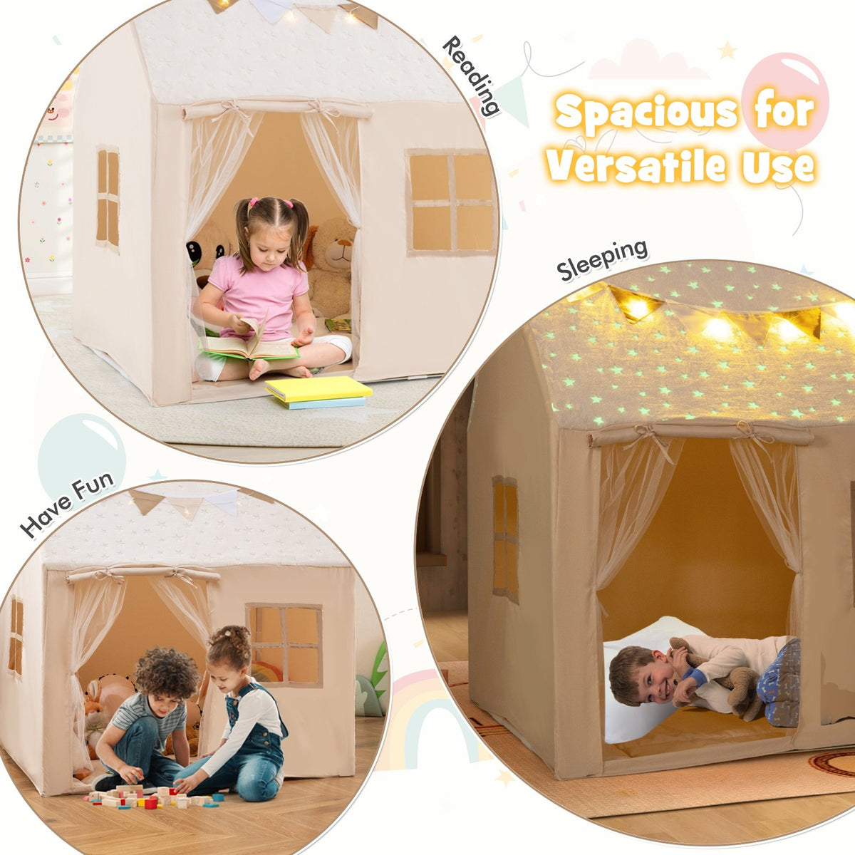 Kids Play Tent Large Playhouse with Glow in the Dark Stars and Mat-Beige view 9