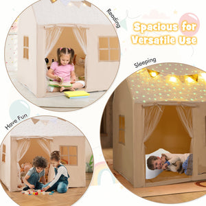 Kids Play Tent Large Playhouse with Glow in the Dark Stars and Mat-Beige view 9