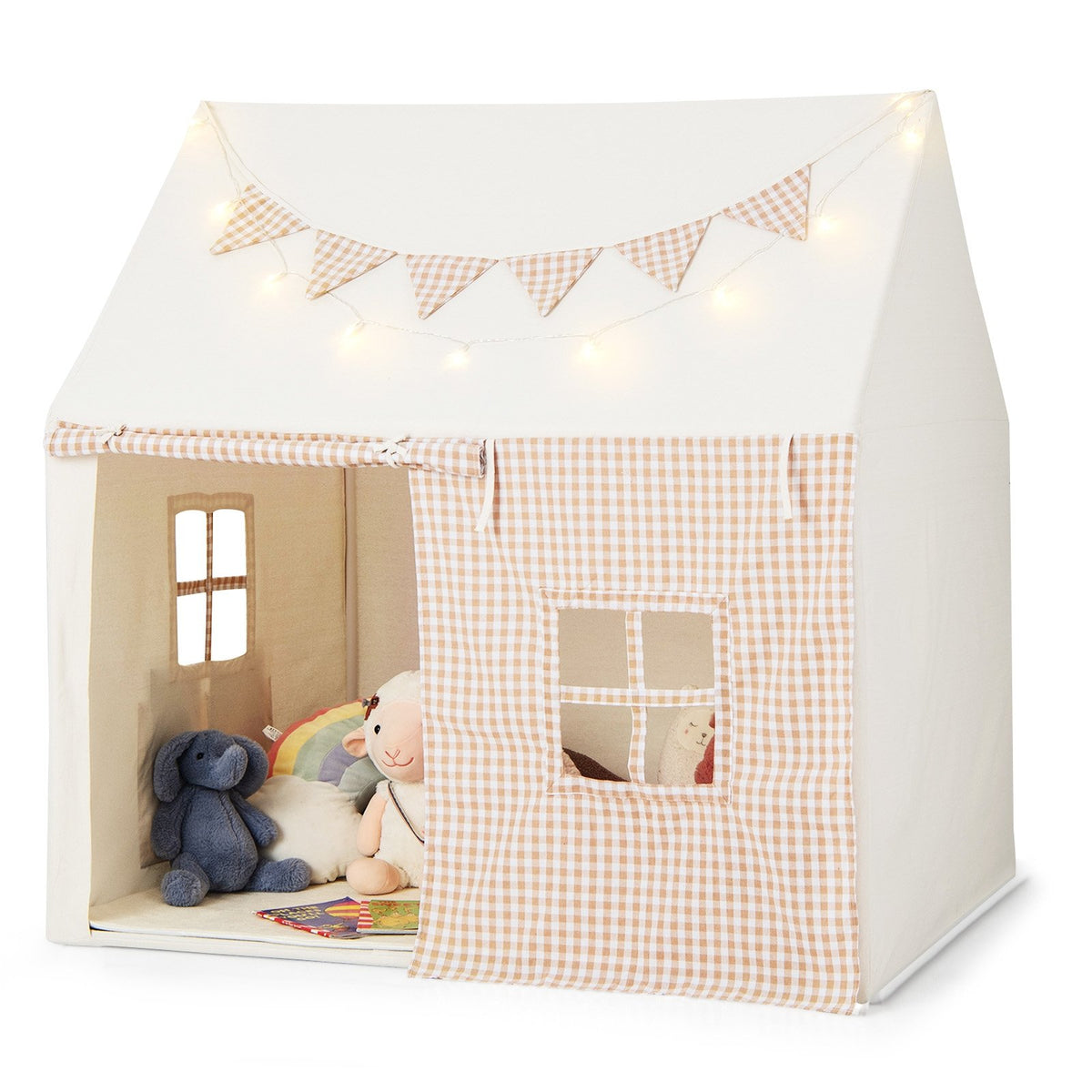 Kids Play Tent Large Playhouse with Padded Mat and 2 Breathable Windows-Beige view 4