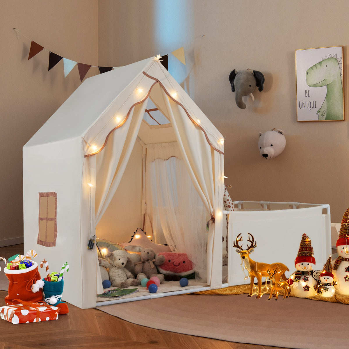 Kids Play Tent with Playpen 2-in-1 Toddler Playhouse with Yard-Beige view 2