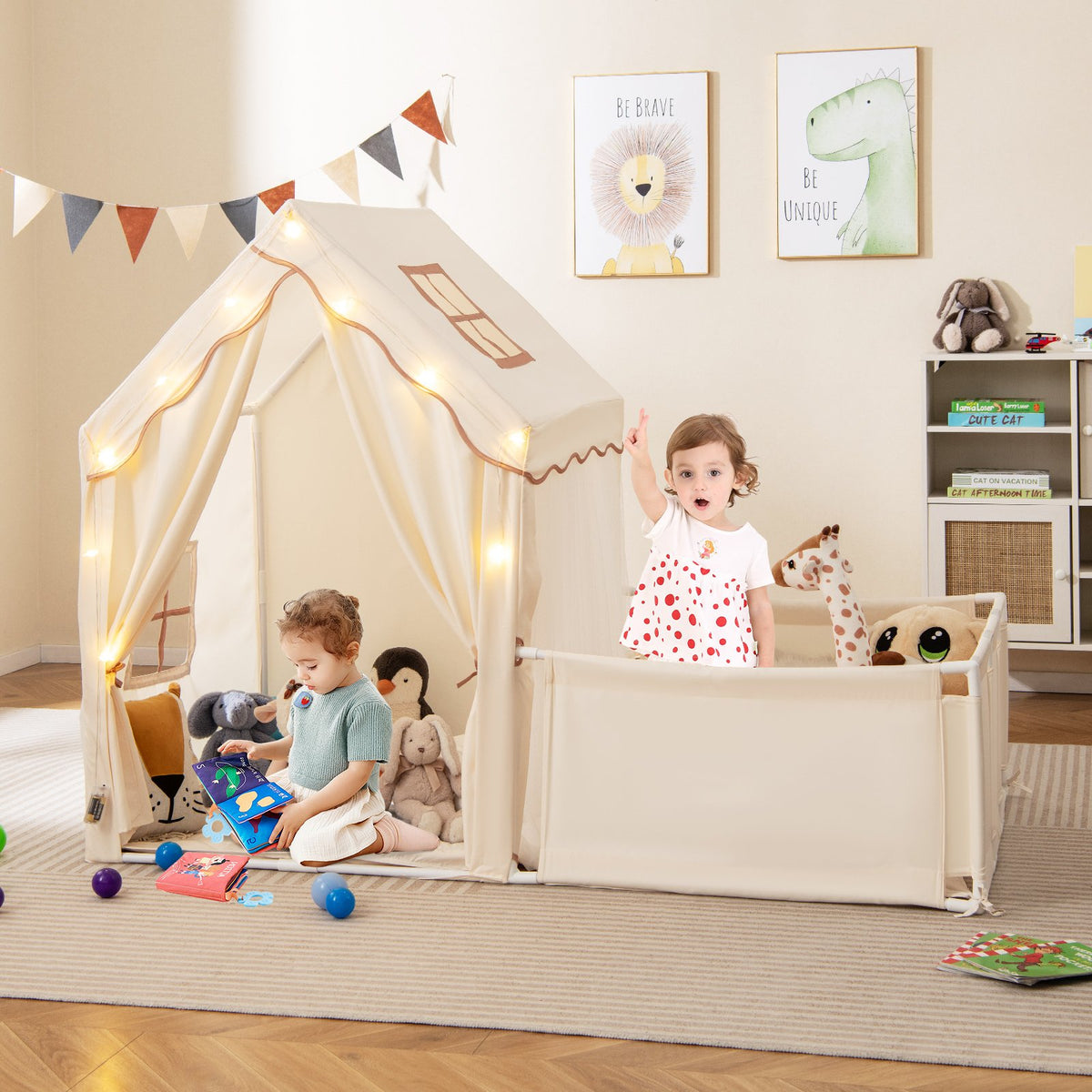 Kids Play Tent with Playpen 2-in-1 Toddler Playhouse with Yard-Beige view 3