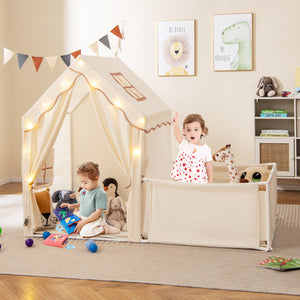 Kids Play Tent with Playpen 2-in-1 Toddler Playhouse with Yard-Beige view 3