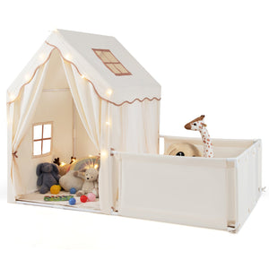 Kids Play Tent with Playpen 2-in-1 Toddler Playhouse with Yard-Beige view 4