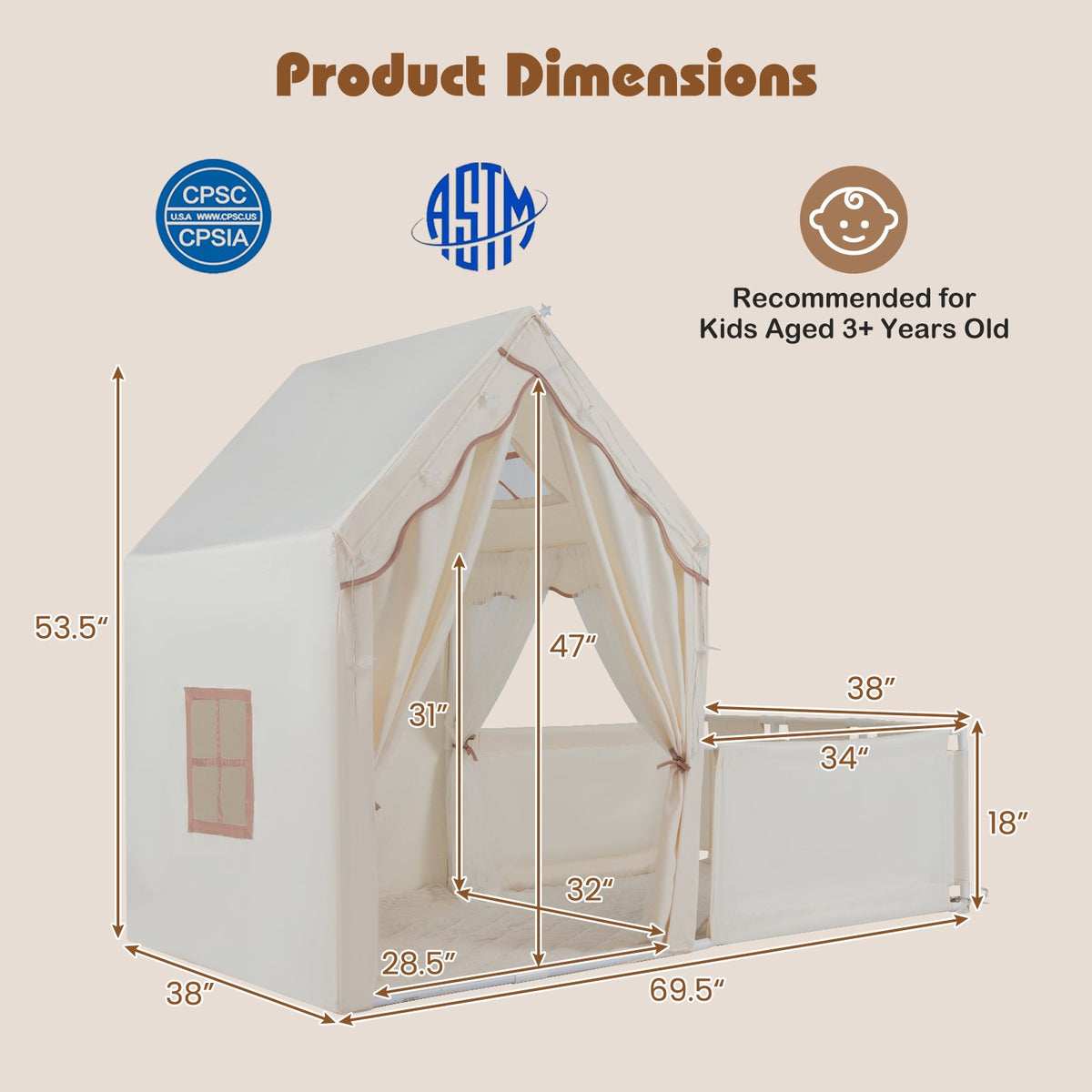 Kids Play Tent with Playpen 2-in-1 Toddler Playhouse with Yard-Beige view 5