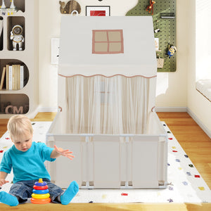 Kids Play Tent with Playpen 2-in-1 Toddler Playhouse with Yard-Beige view 6