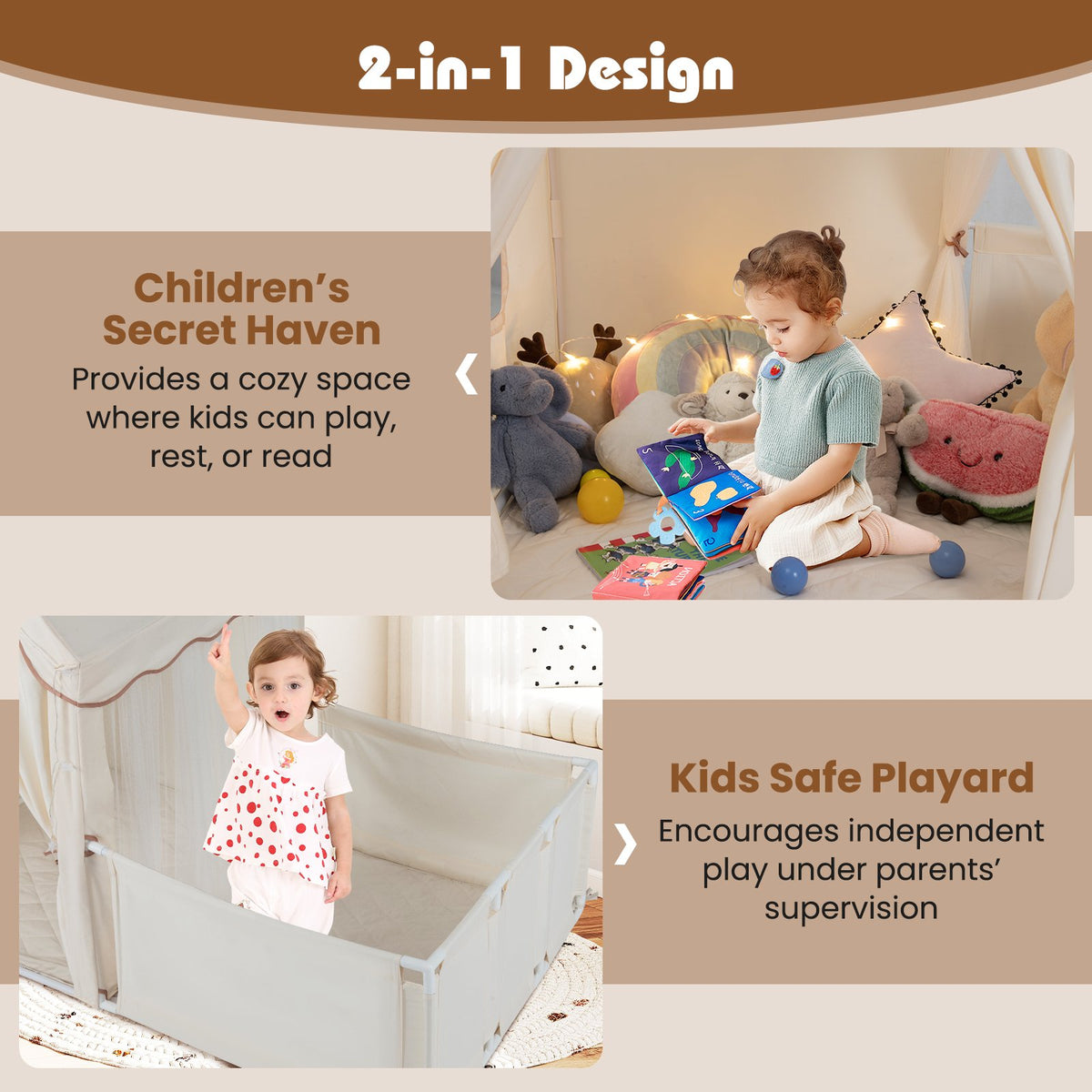 Kids Play Tent with Playpen 2-in-1 Toddler Playhouse with Yard-Beige view 7