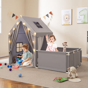 Kids Play Tent with Playpen 2-in-1 Toddler Playhouse with Yard-Grey view 3