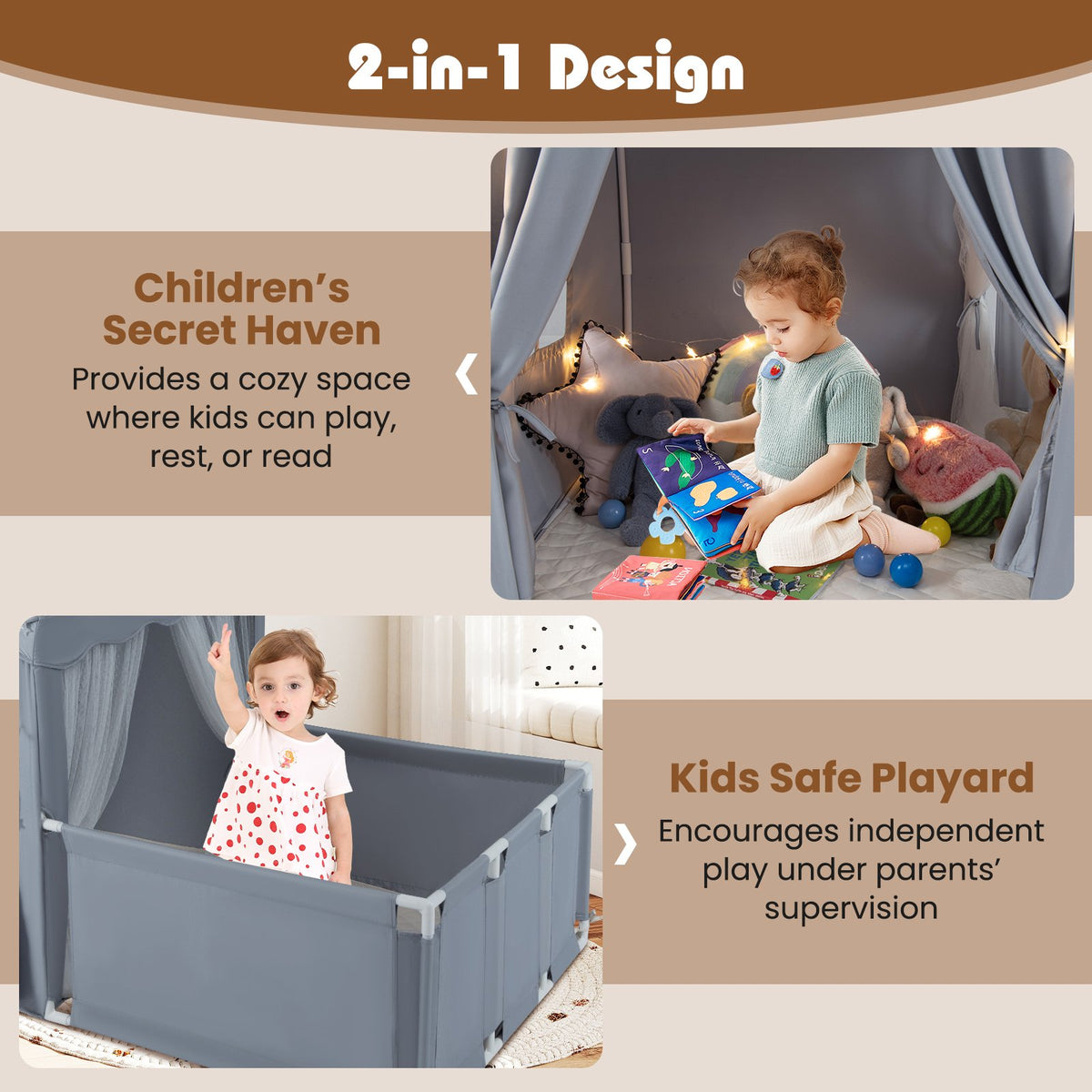 Kids Play Tent with Playpen 2-in-1 Toddler Playhouse with Yard-Grey view 7