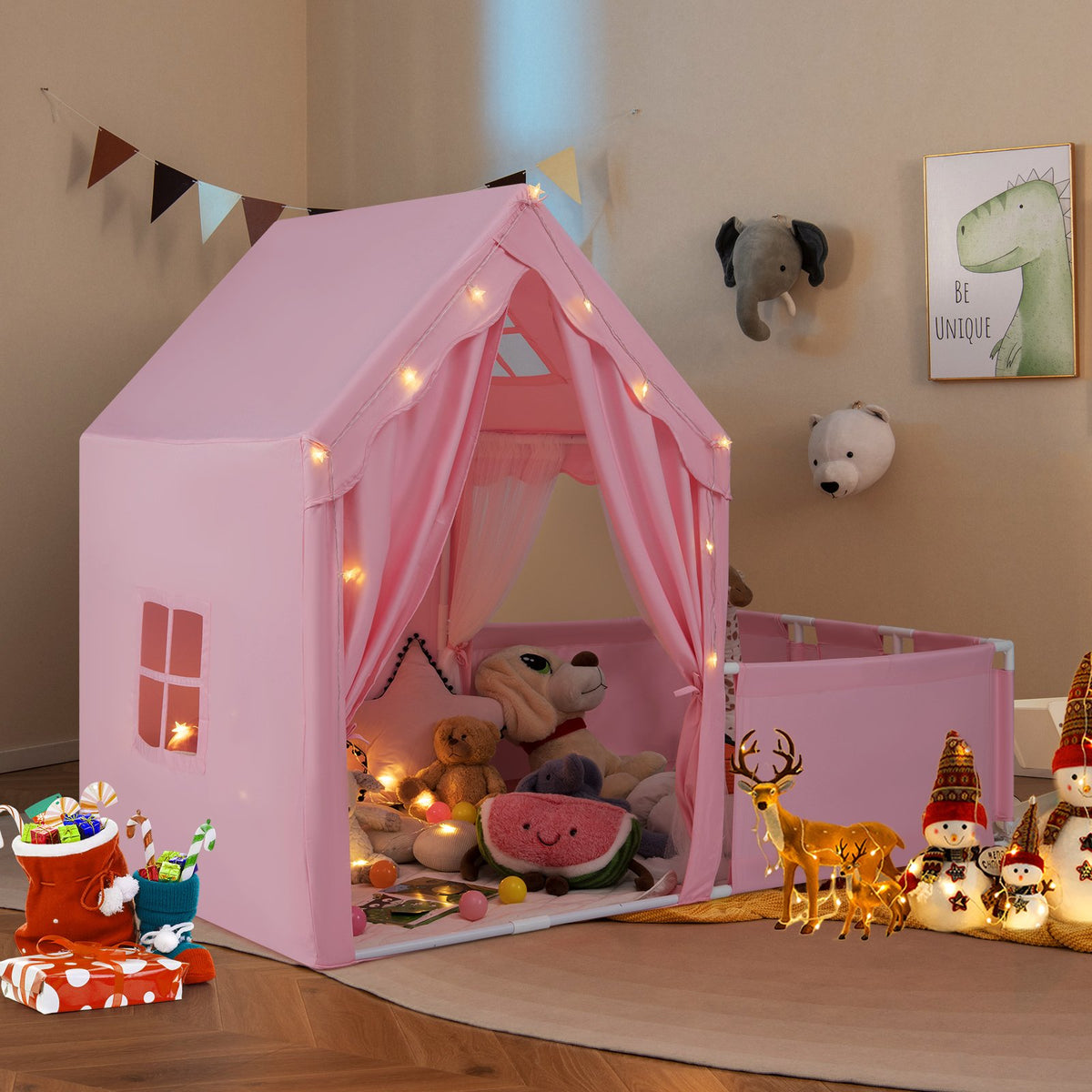 Kids Play Tent with Playpen 2-in-1 Toddler Playhouse with Yard-Pink view 2