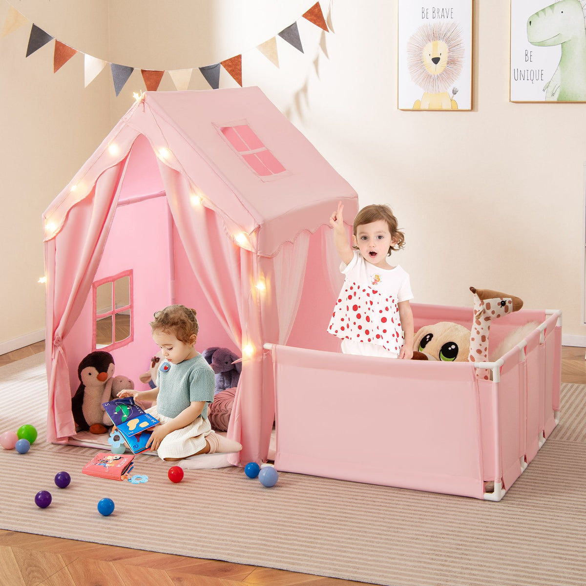 Kids Play Tent with Playpen 2-in-1 Toddler Playhouse with Yard-Pink view 3